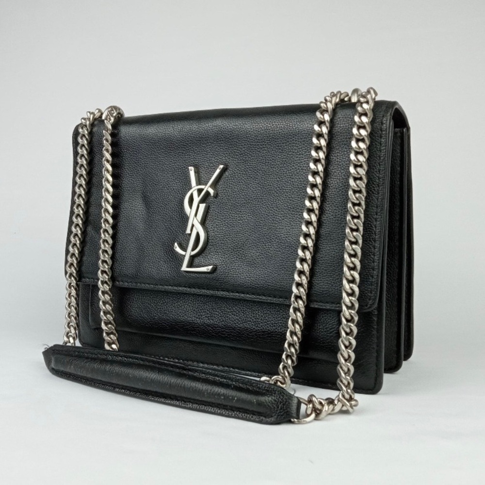 YSL Black Medium Sunset Bag Silver Tone